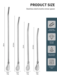 Size chart for 304 stainless steel straw spoons in lengths from 18.5cm up to 30cm
