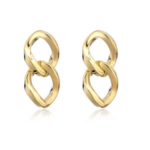 Irregular geometric interlocking gold chain earrings on a white background