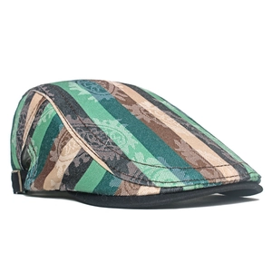 Detailed view of striped ivy cap showing woven fabric texture and adjustable strap
