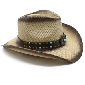 Detail of woven straw cowboy hat with turquoise beads and bronze studs on leather band