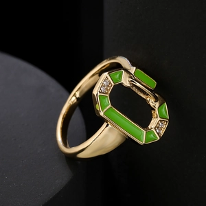 Bohemian style 18K gold plated ring with green enamel and white zircon details