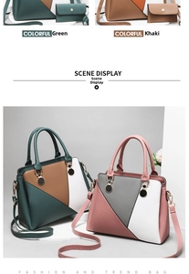 Detail view of contrast color geometric leather handbags in green and pink variants