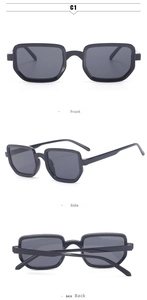 Three-way view of square sunglasses showing the front, side and folded black frame