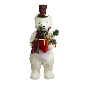 Christmas polar bear decor with red-green plaid hat, scarf and a gift bag on white backdrop