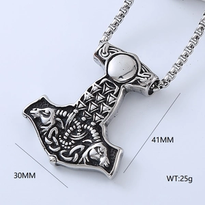 Hip hop men's stainless steel Mjolnir Thor hammer pendant necklace with Nordic patterns