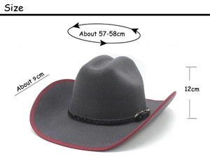Detailed size specifications for dark gray cowboy hat with red trim and leather band