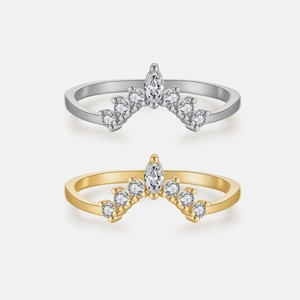 S925 Sterling Silver Crown Ring For Women V-Shape Stackable Rhinestone Simple Fashion Inlay Jewelry Band Gift