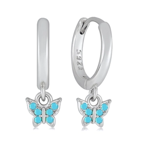 Close-up of S925 silver hoop earrings featuring butterflies with blue zircon inlays