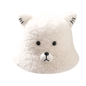 Cute white plush bear bucket hat with soft faux fur and 3D ears for winter warmth