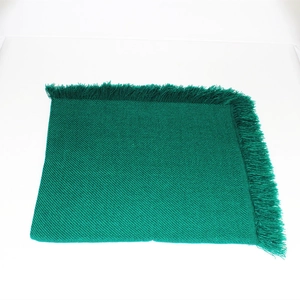 Vista dettagliata della trama a maglia verde brillante e delle lunghe frange dello scialle