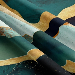 Detail of soft velvet tapestry fabric with green marble pattern and gold metallic accents