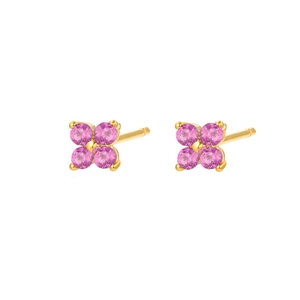 Elegant gold plated stud earrings featuring four-claw set pink cubic zirconia stones