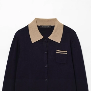 Dark blue knit cardigan with khaki contrast collar and single chest pocket detail