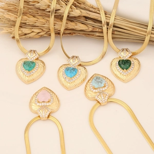 Stainless Steel Snake Chain Necklace With Copper Heart Pendant Colorful Zircon Inlaid Clavicle Jewelry For Women