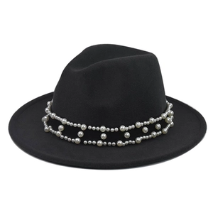 Classic black wide-brim fedora hat with elegant double-layer white pearl band decoration