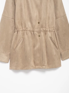 Detail of khaki faux suede jacket showing waist drawstring and metal snap buttons