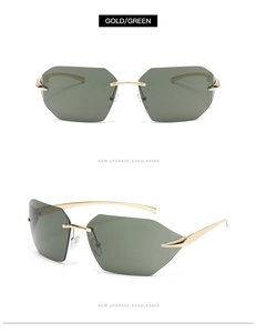 Close-up of frameless gold and green geometric sunglasses with a modern 45-degree side view