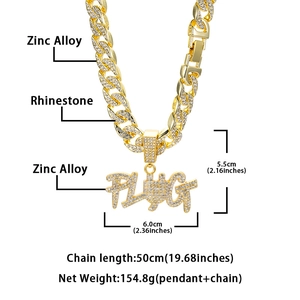 Gold-tone cuban chain with rhinestone-paved PLUG pendant including detailed dimensions