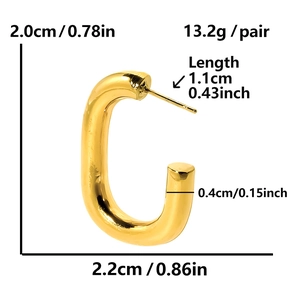 Detailed size specifications of the gold U-shaped earrings in polished stainless steel