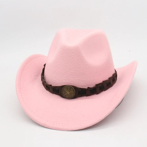 Pink western cowboy felt hat with dark brown braided band and vintage star emblem