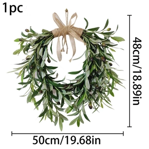 Artificial olive leaf wreath with burlap bow detail measuring 50x48cm for home decor