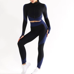 Ensemble de yoga sans couture 2 pièces avec veste zippée et legging taille haute bleu et noir