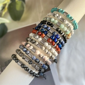 Adjustable beaded bracelets with natural agate, tiger eye stones and zircon metal beads