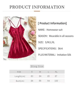 Detailed size chart for red imitation silk backless nightgown showing S to XL dimensions