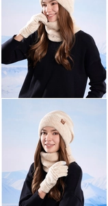 Detail of beige knitted winter set with thick ribbed texture on hat, scarf and gloves