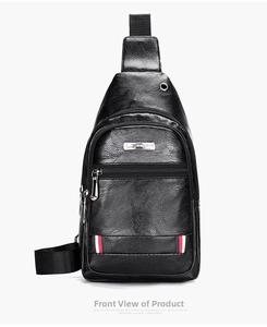 Detail of black PU leather chest bag featuring texture, headphone port, and metal zippers