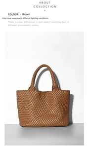 Detail shot of the brown leather Intrecciato woven texture on a large fashion tote bag