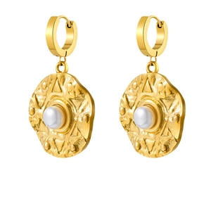 Golden irregular round hammered texture drop earrings with pearl for women in steel