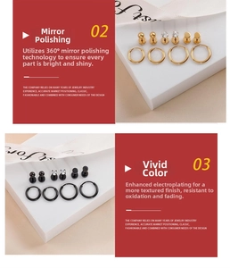 Detail of mirror-polished gold and black earring sets with sparkling zircon stones