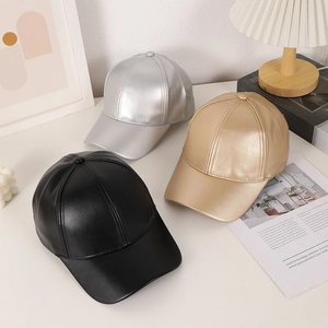 PU Leather Baseball Cap Metallic Shiny Solid Color Adjustable Fashion Sun Hat Streetwear For Men And Women Plain
