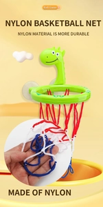Detail of durable nylon basketball net on a green dinosaur-shaped toddler hoop