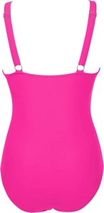 Hot pink one-piece swimsuit detail featuring adjustable silver metal buckles on straps