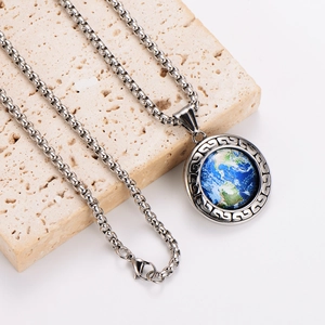 Minimalist silver hip hop necklace with globe pendant and Greek key pattern on box chain