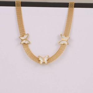 Golden titanium steel mesh chain necklace featuring three elegant white butterfly pendants