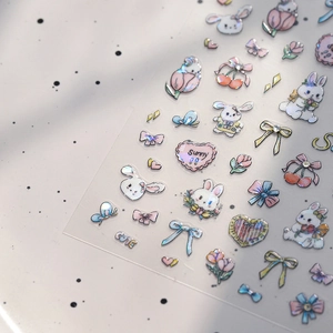 Holographic 3D nail art stickers with cute bunnies, tulips and glittery rhinestone accents