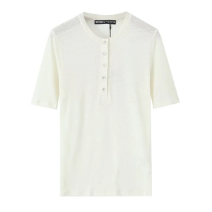 White linen blend short sleeve Henley shirt for women with front button detail