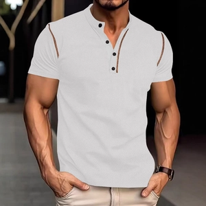 Men's retro white waffle knit polo shirt with brown contrast trim and henley collar