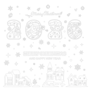 2026 Christmas window stickers featuring Santa Claus, snowflakes and festive city skyline