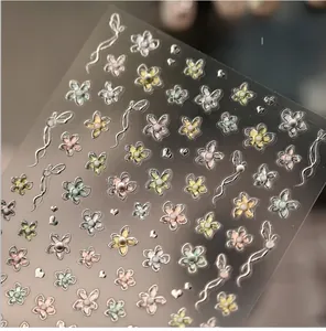 Detail of floral nail stickers with metallic silver edges and pearl accents
