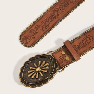 Brown floral embossed leather belt with vintage bronze sun buckle and metal studs
