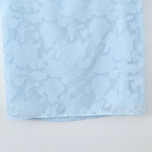 Light blue backless mesh dress with exquisite 3D floral jacquard rose pattern