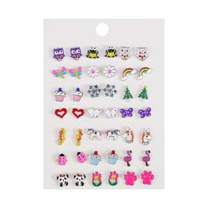 21-pair colorful enamel earring set with owl, unicorn, and rainbow animal designs