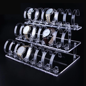Three-tier acrylic watch display stand with transparent C-rings for jewelry organizing