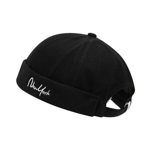 Retro black brimless beanie with white New York embroidery and adjustable metal buckle
