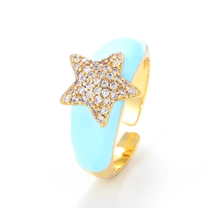 Adjustable gold open ring featuring a blue enamel star inlaid with sparkling rhinestones