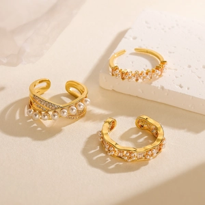 Adjustable Open Ring Copper 18K Gold Plated Artificial Pearl Zircon Geometric Wave Light Luxury Elegant Jewelry For Women